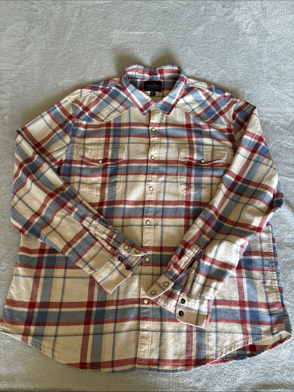 Lucky Brand Western Plaid Pearl Snap Shirt Men’s XL Red Blue Cream Stretch EUC
